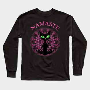 Funny Namaste Cat Yoga Pink Mandala Long Sleeve T-Shirt